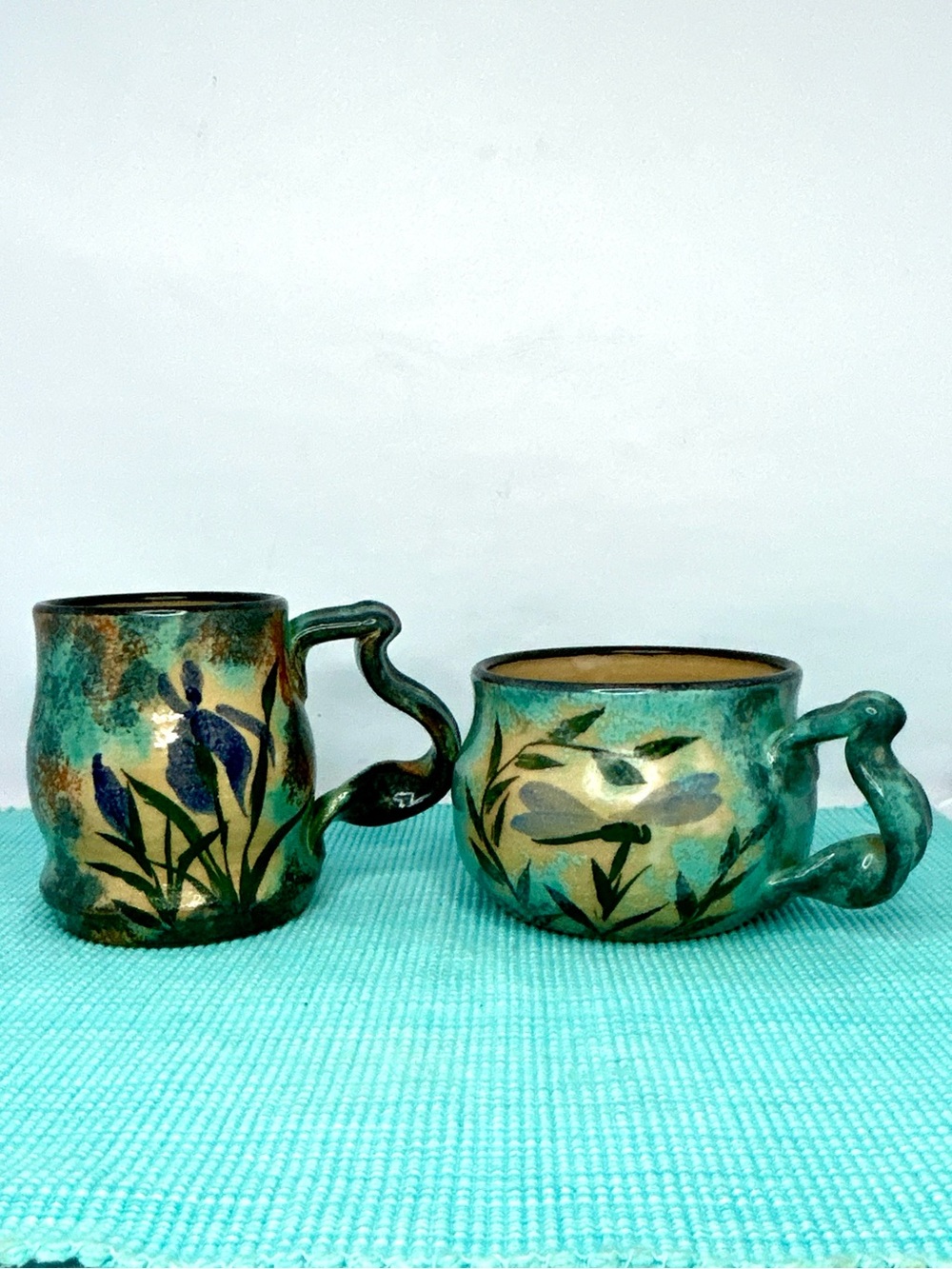 Malsnee Pottery Set Mug Soup Cup Bowl Iris Dragonfly Handmade Signed 2013